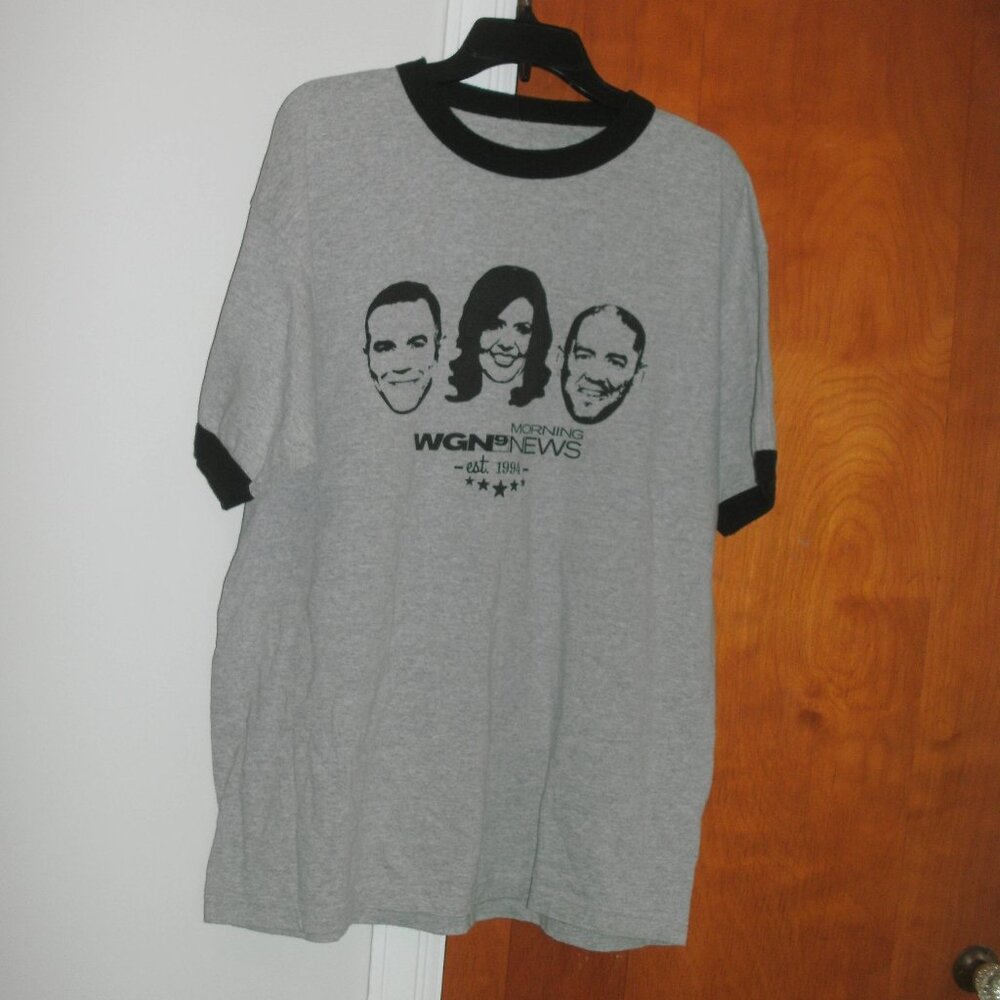 ~ WGN Chicago Morning News Gray Ringer Tee T Shirt Larry Robin & Paul size XL ~